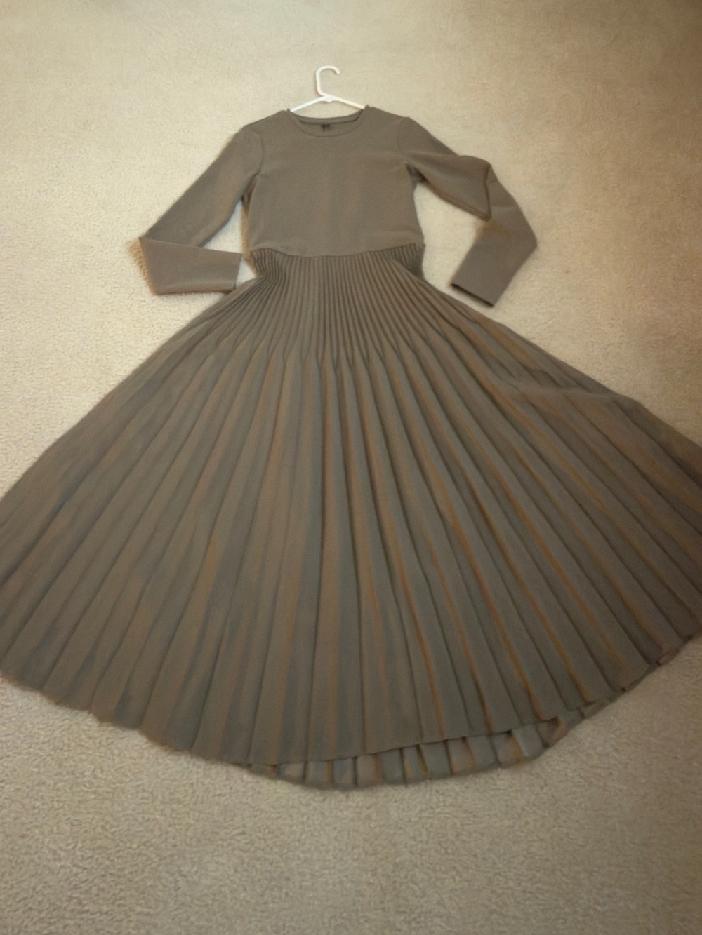 Uniqlo Taupe Pleated Long-Sleeve Long Dress